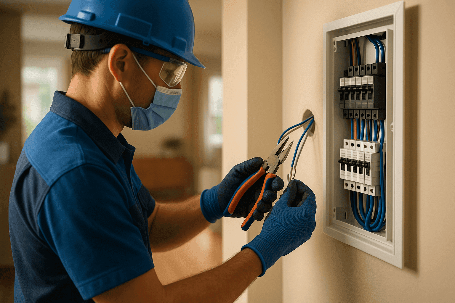 Residential electrician wearing safety gear working on circuit breaker panel indoors