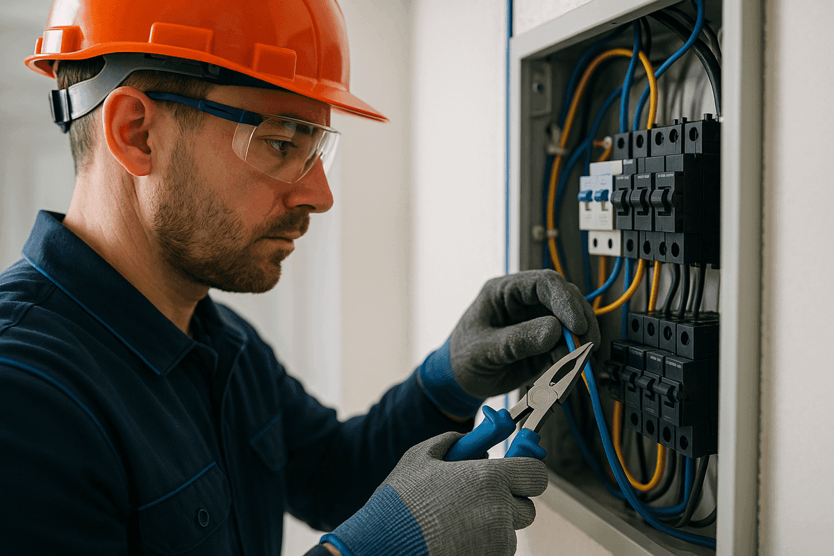 Close-up of electrician’s gloved hands connecting wires inside residential electrical panel